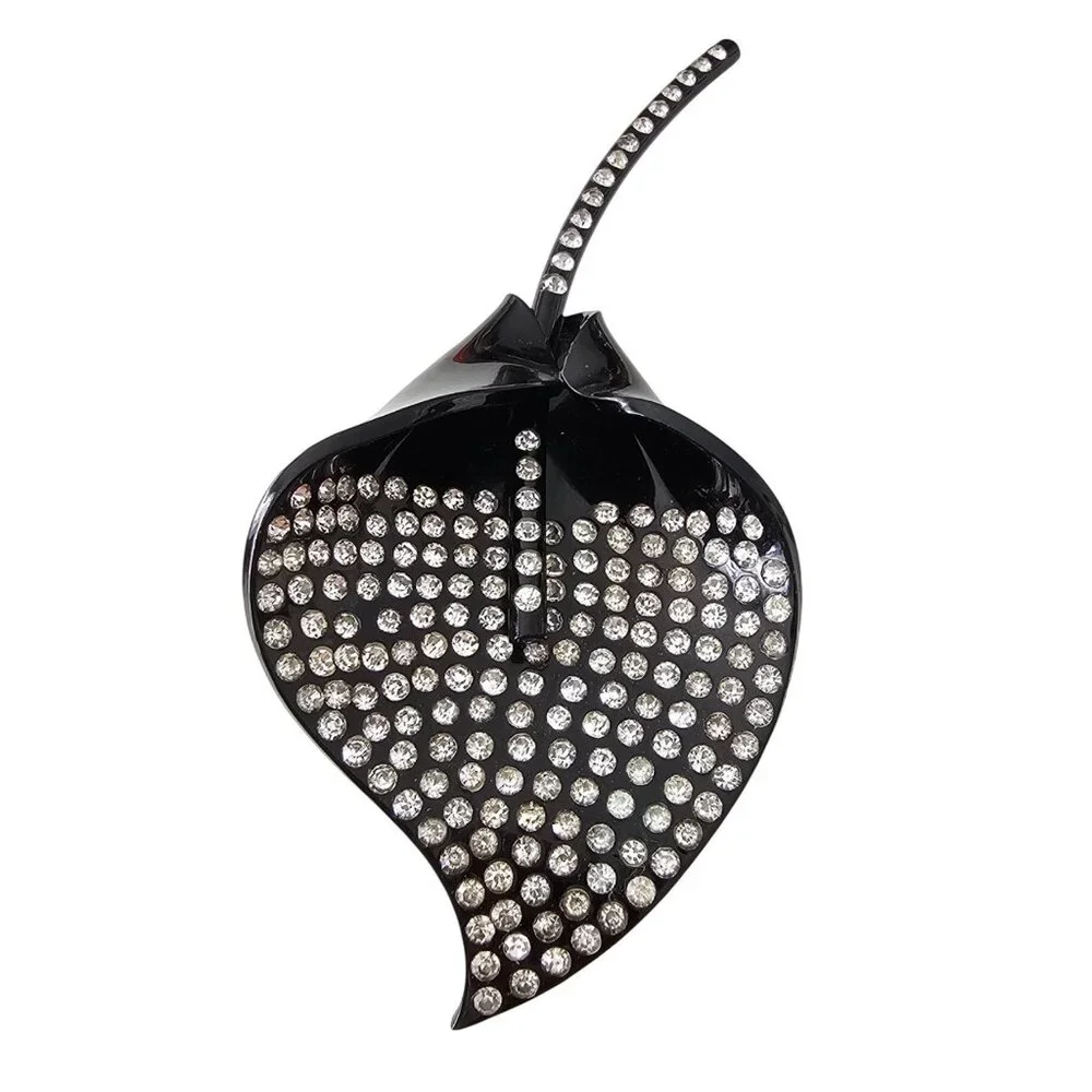 Black Celluloid Lily Clear Rhinestone Brooch Art Deco Pin J316